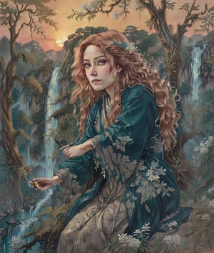 Cinematic results,  intricate ultra detailed portrait picture of a woman with honey hair climbinga tree,  work of beauty and complexity, 8kUHD, spanish moss background with tiny flowers,ColorART,hyper real extra effect add, waterfall,  golden hour ,Ukiyo-e