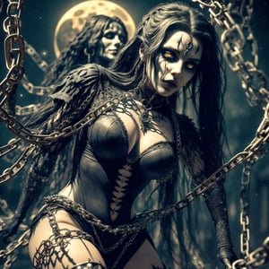 LegendDarkFantasy,DonMB4nsh33XL, With a hauntingly beautiful face and a body adorned with chains and spikes, the gothic demon girl dances under the moonlight, her movements both alluring and terrifying. style Boris Vallejo, masterpiece, cgi, hq, 1024K,realistic,mona,green theme