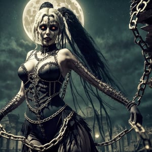 LegendDarkFantasy,DonMB4nsh33XL, With a hauntingly beautiful face and a body adorned with chains and spikes, the gothic demon girl dances under the moonlight, her movements both alluring and terrifying. style Boris Vallejo, masterpiece, cgi, hq, 1024K,realistic,mona,green theme