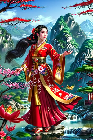 A girl wearing traditional Chinese Hanfu, a red dress with floral patterns, long black hair, and an exquisite hairstyle. The girl stands surrounded by flowers and trees. With mountains and rivers as the background, real Chinese style landscape - Mountain and Water