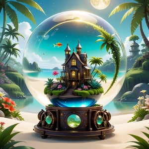 A soccer ball-sized chibi sphere of clear, shiny steampunk glass inside rests a lush miniature ecosystem that thrives in the soft light of an enormous moon, Inside, a tropical beach of fine white sand borders a crystal clear lake, where colorful fish swim among aquatic plants, tall palm trees sway their leaves in the wind, while exotic and vibrantly colored flowers bloom in a lush garden, on top of the green hill, a small house with steampunk lights on, "dreamlike abstraction inside a steampunk glass sphere", dynamic lighting, firefly murmurs, luminescent golden lines, patterns, sunny day background, neutral background outside the sphere, 8K concept art, Lou Xaz