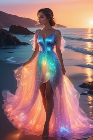 ultra detailed close up illustration of a woman at the seashore after sunset,  she wears a flowy holographic dress made of silk and tulle and very glowy,  bioluminiscent,  fantasy art,  dreamlike,  backlit,  dynamic pose,  
