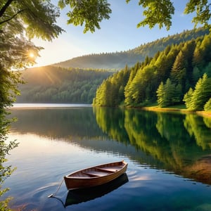 A serene scene of a picturesque lake with crystal clear water, surrounded by lush green trees and gentle rolling hills. The soft glow of the sun sets in the distance, casting warm golden hues over the landscape. A small wooden boat sits peacefully on the calm water, and a gentle breeze rustles the leaves in the background. The overall atmosphere is one of peace and tranquility.