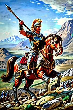 The painting depicts Alexander the Great on horseback. He is dressed in armor and a helmet, and holds a spear in his right hand. Alexander's horse is also in armor. Mountains and sky are visible in the background.