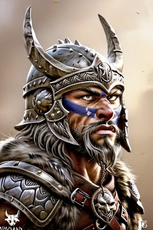 Northern wolf, in a Viking helmet, logo, fantasy art, style by Boris Vallejo