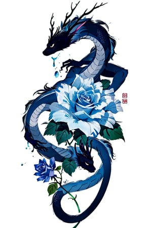 simple background, white background, flower, signature, no humans, rose, blue flower, dragon, blue rose, eastern dragon