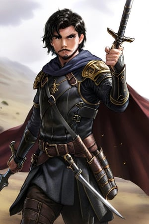 solo, black hair, 1boy, holding, weapon, male focus, sword, cape, holding weapon, armor, facial hair, traditional media, polearm, riding, manly, horse, horseback riding