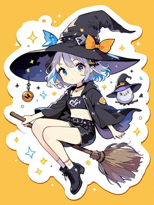 Illustration of a girl flying in the sky astride a magic broom.
Girl is wearing a punk-inspired outfit.
Long black coat, black tube top, black leather shorts, silver accessories, Big witch hat, 
Beautiful eyes. Beautiful silver blue hair. short hair, 
Very detailed and quality illustration.
masterpiece, top quality, aesthetic, 
magic_broom, (stickers:1.3), sticker, sticker outline, 
orange background, 