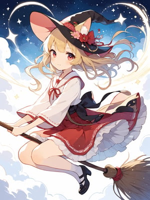 Illustration of a girl flying in the sky astride a magic broom.
Girl is wearing a shrine maiden outfit. red skirt, mikofuku, 
Red and white mikofuku. Nekomimi. Cat ears.
Beautiful eyes. Beautiful blonde hair. twintails, 
Very detailed and quality illustration.
masterpiece, top quality, aesthetic, 4K, Official Art, 
magic_broom