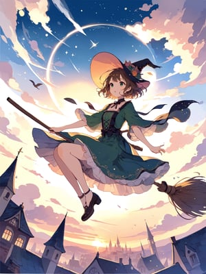 Illustration of a girl flying in the sky astride a magic broom.
Girl is wearing a beautiful green dress with ruffles.
Beautiful eyes. Beautiful brown hair. extra short hair, 
Very detailed and quality illustration.
sunset , Sunset sky, 
from below, 
masterpiece, top quality, aesthetic, 4K, Official Art, 
magic_broom