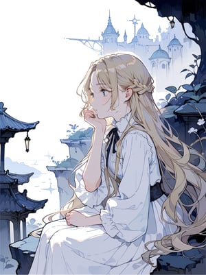 A girl is pensive.
She has beautiful long hair.
Detailed background,
masterpiece, best quality, aesthetic,