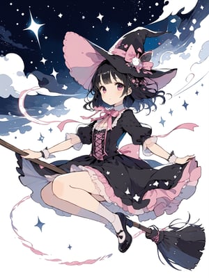 Illustration of a magical girl flying in the sky astride a magic broom.
The girl is wearing a pink gothic Lolita style outfit. Girl is wearing a large ribbon on her head.
Beautiful eyes. Beautiful black hair.
Very detailed and quality illustration.
masterpiece, top quality, aesthetic, 4K, Official Art, 
magic_broom,(Pencil_Sketch:1.2