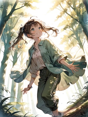 1girl, twintails, beautiful eyes, brown hair, 
A bashful smile, a blush, looking away, 
Blouse shirt, jogger pants, green Poncho, 
In the forest, blue sky, sunlight through the trees, 
dynamic angle, dynamic pose, 
masterpiece, best quality, aesthetic,
