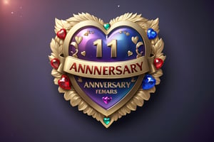 Shiny Metallic Badge Golden Exterior with red, blue, purple  and white colours, Embossed Heart, (text "1st Anniversary"): 1.6) surrounded by Gems, 