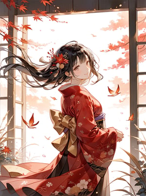 1girl, upper body, 
In the twilight garden stands a black-haired girl, her beauty as if she has stepped out of a painting. Her sleek, jet-black hair sways gently in the breeze, its luster deepening with the play of light. Her kimono, a deep crimson reminiscent of autumn leaves, is adorned with delicate gold embroidery. When she extends her sleeves, the soft fabric flows gracefully.

Her kind gaze and gentle smile bring comfort to those who behold her, exuding a maternal warmth. There is a nostalgic warmth in her presence that makes one's heart feel at ease just by being near. As an older sister, she embodies both dignity and kindness, bringing a sense of peace to those around her.

Standing in a corner of the garden, she seems to savor the quiet passage of time, observing the scenery with leisurely movements. Every time the wind blows, the hem of her kimono flutters softly, further enhancing her beauty.

masterpiece, best quality, aesthetic,
