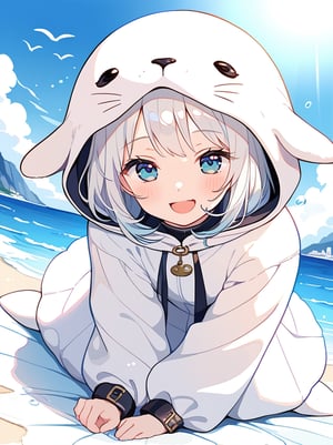 A girl wearing a white seal costume is laughing joyfully. Her cheeks are slightly flushed from laughter, and her innocent expression brings happiness to those who see her. The hood features a large seal face design, and the adorable eyes and mouth of the seal, combined with her smile, create an even cuter impression. The cuffs and hem are trimmed with fluffy white edges, giving a soft feel reminiscent of a real seal. In the background, a clear blue sky and sea spread out, capturing a serene and happy moment along with the girl's cheerful demeanor.
masterpiece, best quality, aesthetic,
