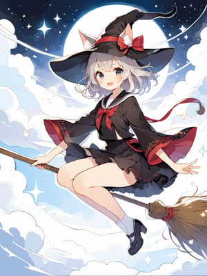 Illustration of a girl flying in the sky astride a magic broom.
Girl is wearing a Mikofuku. miko, half pants, 
Red and white mikofuku. Nekomimi. Cat ears.
Beautiful eyes. Beautiful silver hair. medium hair, 
Very detailed and quality illustration.
masterpiece, top quality, aesthetic, 4K, Official Art, 
magic_broom