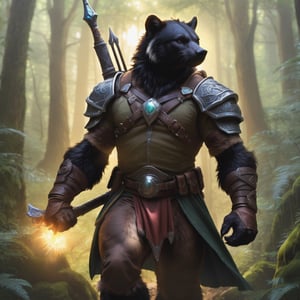 cinematic scene, full-length portrait, anthro wolverine with a fully black furred face dressed in fantasy D&D style ranger armor,  moving silently through an ancient forest, he has gear for a long journey, ancient staff in hand, face radiant with wisdom and intelligence, heroic competence and mystery, the ranger is healthy and grim and impressive, softly-illuminated,Extremely Realistic,fairytale environment,anthro,furry