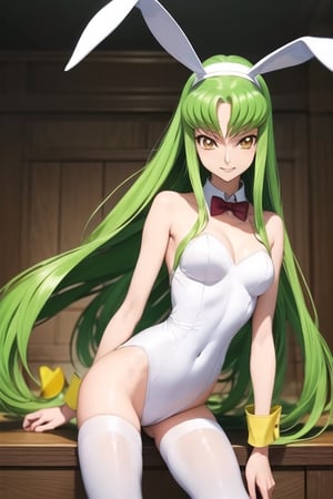 masterpiece, best quality, 1girl, solo, c.c., CC, looking at viewer, anime style, Code Geass style, playboy_bunny_leotard, white Bunny leotard, pantyhose, Excited face, perverted smile, nsfw  