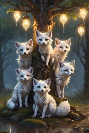 Hyper-detailed painting, Jean-Baptiste Monge style, a gang of cute little Arctic foxes gathered in the heavy rain under a tree to stay dry,  splash, glittering, cute and adorable, filigree, lights, fluffy, magic, surreal, fantasy, digital art, ultra hd, hyper-realistic illustration, vivid colors, UHD, cinematic perfect light,

greg rutkowski,more detail XL,anthro