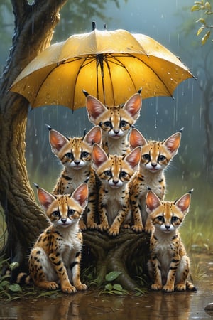 Hyper-detailed painting, Jean-Baptiste Monge style, a gang of cute little Servals gathered in the heavy rain under a tree to stay dry,  splash, glittering, cute and adorable, filigree, lights, fluffy, magic, surreal, fantasy, digital art, ultra hd, hyper-realistic illustration, vivid colors, UHD, cinematic perfect light,

greg rutkowski,more detail XL,anthro