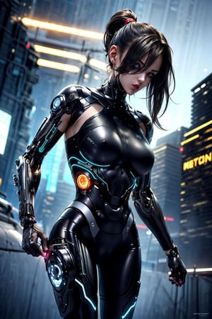 cybernetically-enhanced thin woman with a strong and athletic physique. Emphasize her short, sleek, or possibly long hair, typically styled in a bob or ponytail, often appearing dark or black. Highlight her striking facial features, including intense eyes and a determined expression that reflects both intelligence and determination. Portray her futuristic attire, often consisting of a high-tech combat suit or clothing suitable for her role as a cyborg agent. Focus on the integration of cybernetic elements, such as artificial enhancements or visible prosthetics, which contribute to her enigmatic and futuristic appearance
intense make-up
medium size breasts
Satin surfaced long cape. black in one side, red in the other. Windy.
She holds a rotatory autocannon firing.
Vivid neon colors. dramatic lighting.
cyberpunk