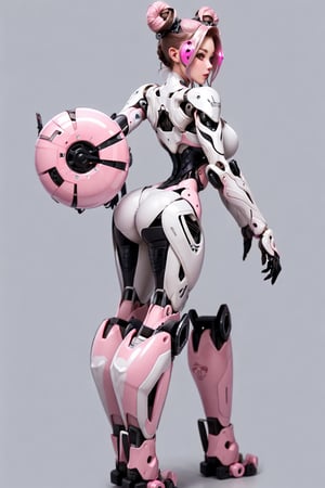 sleek and humanoid female robot form. Her appearance typically includes a predominantly pink and white color scheme. agile and combat-ready appearance, displaying a slender and streamlined design that is both powerful and graceful. helmet or headgear with metallic details that look like cinnamon buns or buns over ears hairstyle. She carries two turbines behind her shoulders