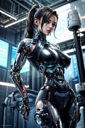 cybernetically-enhanced thin woman with a strong and athletic physique. Emphasize her short, sleek, or possibly long hair, typically styled in a bob or ponytail, often appearing dark or black. Highlight her striking facial features, including intense eyes and a determined expression that reflects both intelligence and determination. Portray her futuristic attire, often consisting of a high-tech combat suit or clothing suitable for her role as a cyborg agent. Focus on the integration of cybernetic elements, such as artificial enhancements or visible prosthetics, which contribute to her enigmatic and futuristic appearance
intense make-up
medium size breasts
cyberpunk