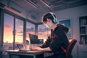A cute male teenager, studying and listening to music quietly with headphones, happy with a small smile in a modern but minimalist room, on an autumn sunset. hip hop outfit,better_hands,realhands