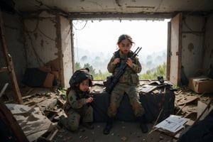 on the outside
assault rifle, holding a rifle, soldier clothing,
Iran, Afghanistan
fire, war crimes, apocalypse, war crimes, terrorism, terrorist, destroyed car

  assault rifle, firearm
Debris, destruction, ruined city, death and destruction.
​
2 girls
Angry, angry look, 
child, child focusloli focus, a girl dressed as a soldier, surrounded by war destruction, cloudy day, high quality, high detail, immersive atmosphere, fantai12,DonMG414, horror,full body,full_gear_soldier,full gear,soldier,r1ge,xxmixgirl, 