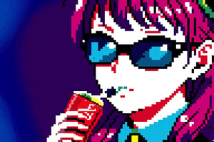 Unicorn with sunglasses drinking coke, COCA-COLA, drink, drinking coke, realistic, photorealistic, cinematic, Magical Fantasy style, Magical Fantasy style, neon photography style,3DMM,perfect,hand,Pixel art,Pixel world,anya,High detailed , party background,Color magic,Saturated colors,Color saturation 
