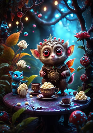 A cute Tarsiers, a bunch of White chocolates in his table, Big Red eyes, Jester Costume,  Chocolates eating, cyborg, steampunk style, a mystical fairy world, neon lights, extremely detailed, particle and foggy effects, trees, flowers and plants, depth of field effect, dramatic film lighting, film poster style, surrealism,volumetric lighting, dreamy juicy lighting,