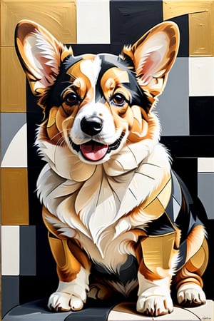 Corgi puppy, highly detailed, highest quality, abstract cubism acrylic painting, Picasso style, gold black white, painting, vibrant, conceptual artv0.1, painting
