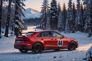 Rally car, (Audi), in the woods, snowy, evening, (from back view), 