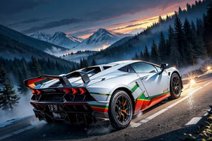 Rally car, (Lamborghini), in the mountains, foggy, night, (from back view), 