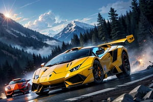 Rally car, (Lamborghini), in the mountains, foggy, night, (from side view), 