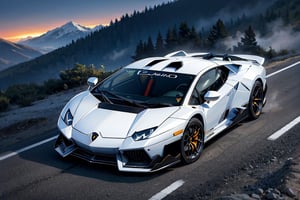 Rally car, (Lamborghini), in the mountains, foggy, night, (from top view), 