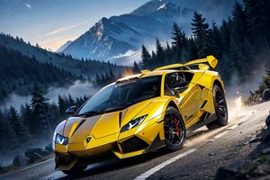 Rally car, (Lamborghini), in the mountains, foggy, night, (from bottom view), 