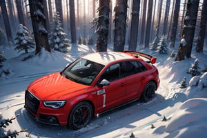 Rally car, (Audi), in the woods, snowy, evening, (from bottom view), 