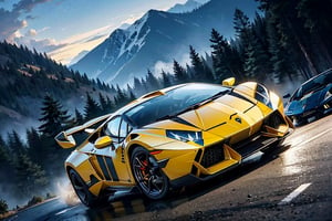 Rally car, (Lamborghini), in the mountains, foggy, night, (from front view), 