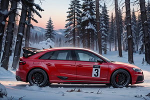 Rally car, (Audi), in the woods, snowy, evening, (from side view), 