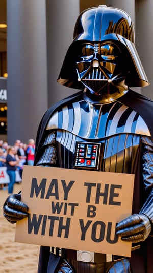 Photo of Darth Vader with a sign that says "May The 4th Be With You"