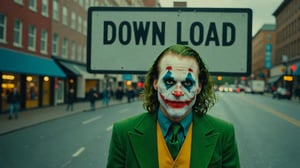 Candid Street photo of Joker hiding behind a sign that says "down load"