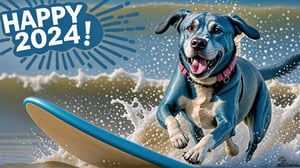 Photo of Blue Labrador surfing with text bubble that says "happy 2024!",IN MATRIX,realistic,ACTION