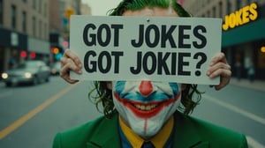 Candid Street photo of Joker hiding behind a sign that says "got jokes?"