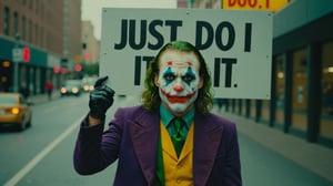 Candid Street photo of Joker hiding behind a sign that says "just do it"