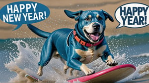 Photo of Blue Labrador surfing with text bubble that says "happy new year!",IN MATRIX,realistic,ACTION