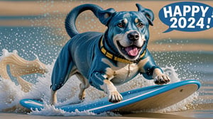 Photo of Blue Labrador surfing with text bubble that says "happy 2024!",IN MATRIX,realistic,ACTION