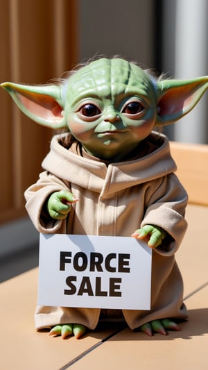 Photo of baby yoda holding a sign that says "force sale"