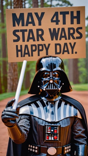 Photo of Darth Vader with a sign that says "May 4th Star Wars Happy Day"